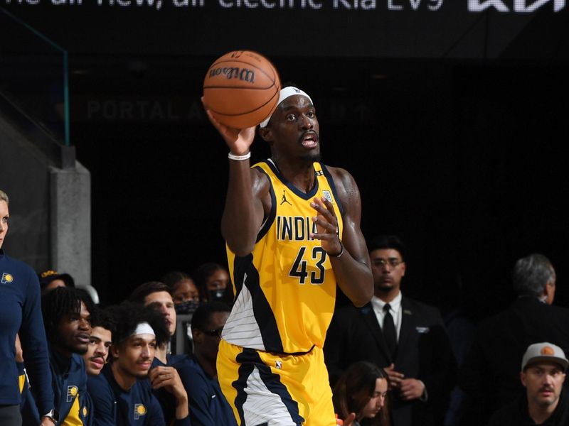 SAN FRANCISCO, CA - MARCH 22: Pascal Siakam #43 of the Indiana Pacers passes the ball during the game against the Golden State Warriors on March 22, 2024 at Chase Center in San Francisco, California. NOTE TO USER: User expressly acknowledges and agrees that, by downloading and or using this photograph, user is consenting to the terms and conditions of Getty Images License Agreement. Mandatory Copyright Notice: Copyright 2024 NBAE (Photo by Noah Graham/NBAE via Getty Images)