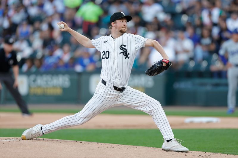 Jun 26, 2024; Chicago, Illinois, USA; Chicago White Sox starting pitcher Erick Fedde (20) delivers a pitch against the Los Angeles Dodgers during the first inning at Guaranteed Rate Field. Mandatory Credit: Kamil Krzaczynski-USA TODAY Sports