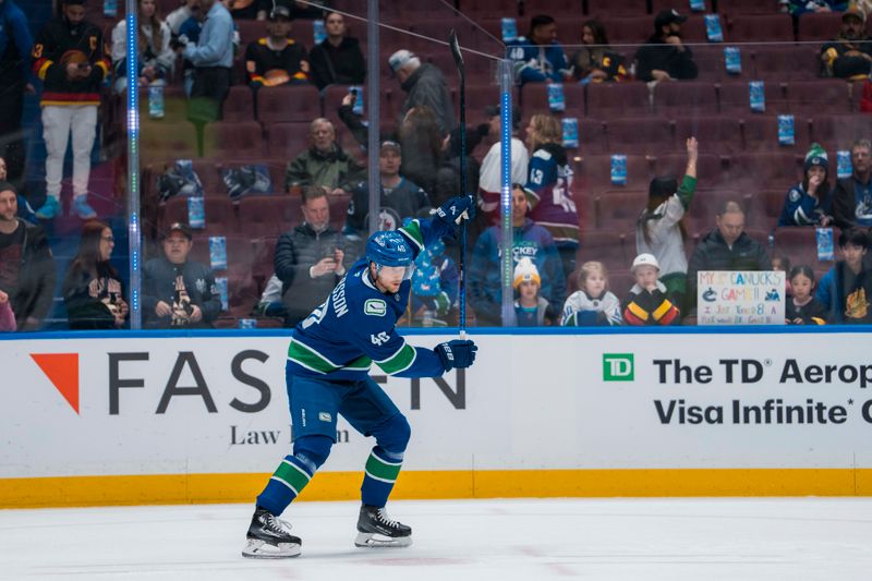 Mar 18, 2025; Vancouver, British Columbia, CAN; Vancouver Canucks forward Elias Pettersson (40) shoots during warm up prior to a game against the Winnipeg Jets at Rogers Arena.  Mandatory Credit: Bob Frid-Imagn Images