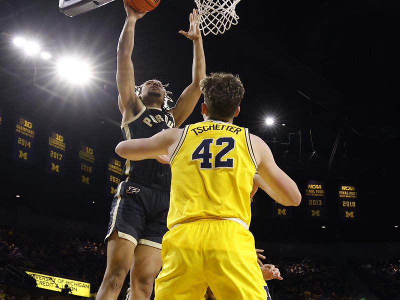 Feb 25, 2024; Ann Arbor, Michigan, USA;  Purdue Boilermakers forward Trey Kaufman-Renn (4) shoots on Michigan Wolverines forward Will Tschetter (42) in the second half at Crisler Center. Mandatory Credit: Rick Osentoski-USA TODAY Sports