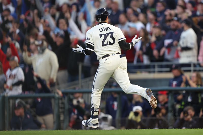 Oct 11, 2023; Minneapolis, Minnesota, USA; Minnesota Twins third baseman Royce Lewis (23) reacts after hitting a solo home-run in the first inning against the Houston Astros  during game four of the ALDS for the 2023 MLB playoffs at Target Field. Mandatory Credit: Jesse Johnson-USA TODAY Sports