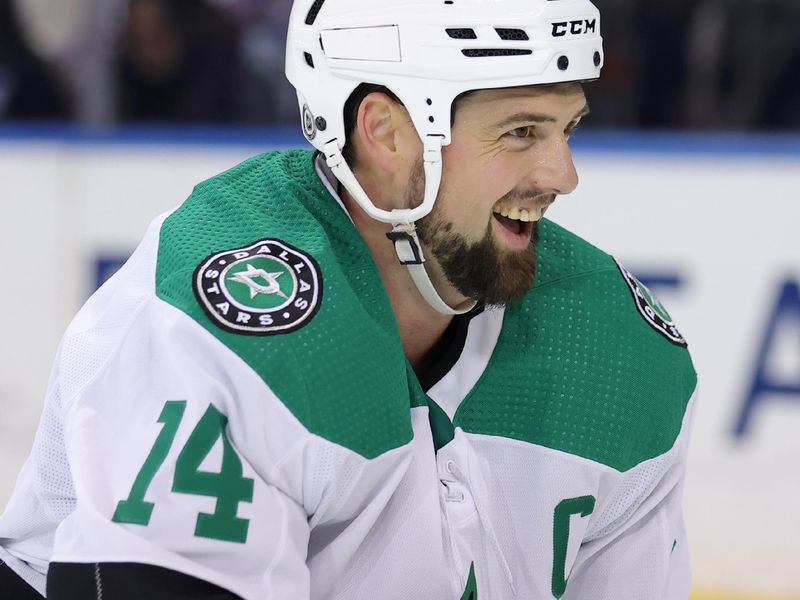 Feb 20, 2024; New York, New York, USA; Dallas Stars left wing Jamie Benn (14) reacts during the third period against the New York Rangers at Madison Square Garden. Mandatory Credit: Brad Penner-USA TODAY Sports