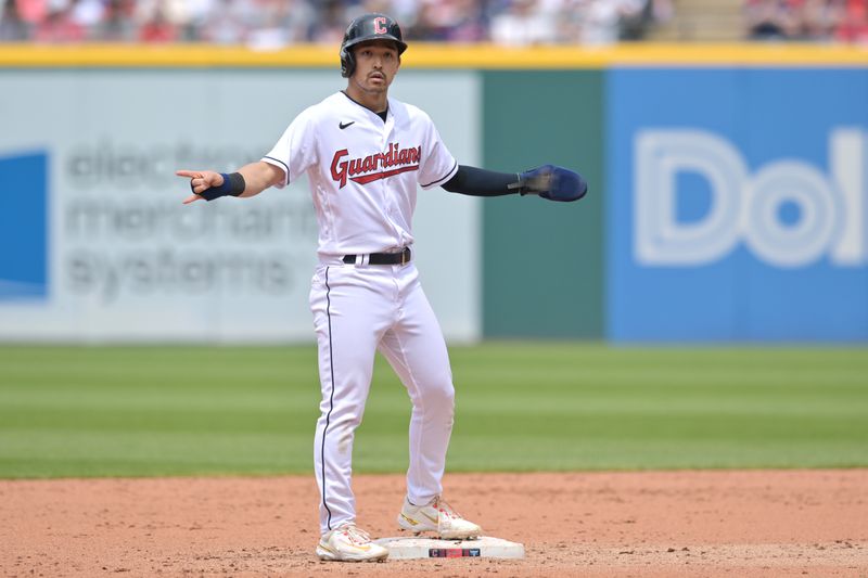 May 28, 2023; Cleveland, Ohio, USA; Cleveland Guardians left fielder Steven Kwan (38) celebrates after hitting an RBI double during the fifth inning against the St. Louis Cardinals at Progressive Field. Mandatory Credit: Ken Blaze-USA TODAY Sports