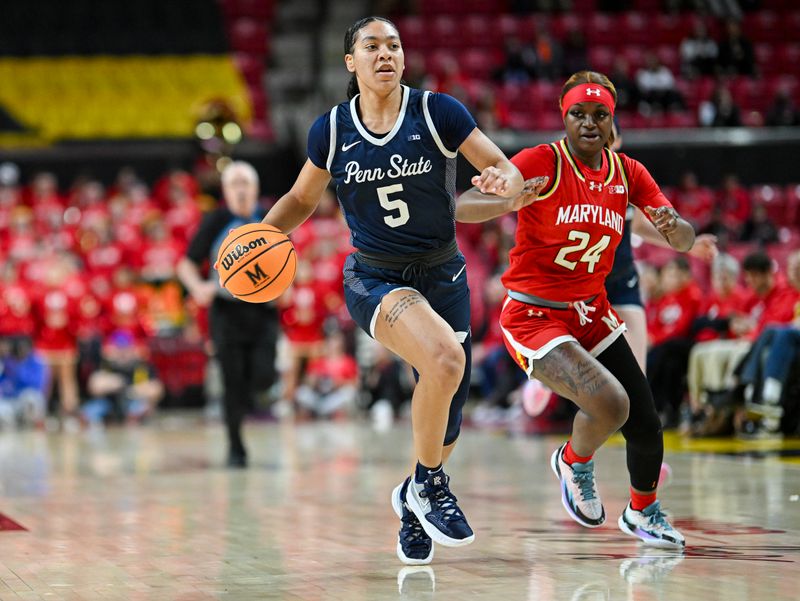 Feb 18, 2024; College Park, Maryland, USA;  Penn State Nittany Lions guard Leilani Kapinus (5) dribbles up the court as Maryland Terrapins guard Bri McDaniel (24) chases during the first half at Xfinity Center. Mandatory Credit: Tommy Gilligan-USA TODAY Sports