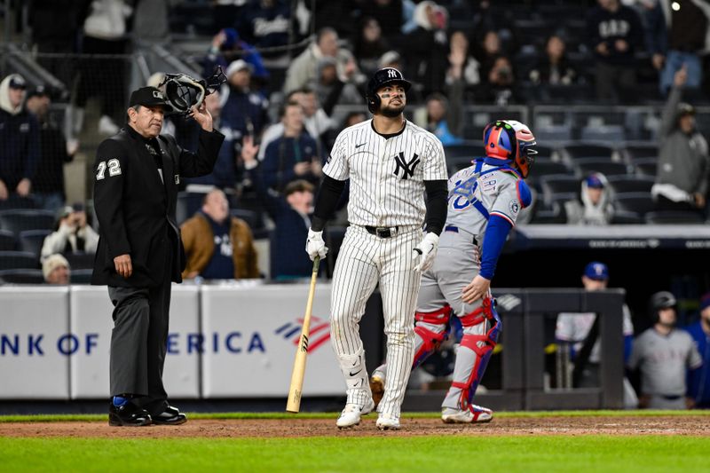 May 21, 2025; Bronx, New York, USA; New York Yankees outfielder Jasson Domínguez (24) hits a walk off home run against the Texas Rangers during the ninth inning at Yankee Stadium. Mandatory Credit: John Jones-Imagn Images