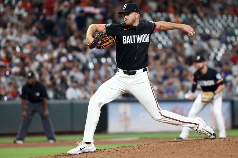 Sep 19, 2025; Baltimore, Maryland, USA; Baltimore Orioles pitcher Trevor Rogers (28) throws during the third inning against the New York Yankees at Oriole Park at Camden Yards. Mandatory Credit: Daniel Kucin Jr.-Imagn Images