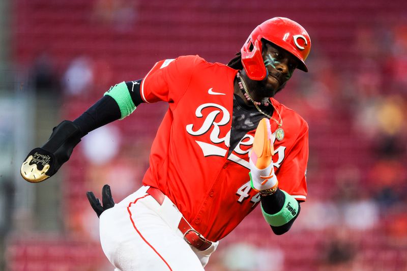 Sep 4, 2024; Cincinnati, Ohio, USA; Cincinnati Reds shortstop Elly De La Cruz (44) scores on a RBI single hit by catcher Tyler Stephenson (not pictured) in the third inning against the Houston Astros at Great American Ball Park. Mandatory Credit: Katie Stratman-Imagn Images