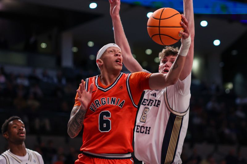 Feb 18, 2026; Atlanta, Georgia, USA; Virginia Cavaliers guard Jacari White (6) shoots against the Georgia Tech Yellow Jackets in the first half at McCamish Pavilion. Mandatory Credit: Brett Davis-Imagn Images