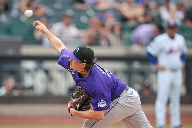 Jul 14, 2024; New York City, New York, USA; Colorado Rockies relief pitcher Victor Vodnik (38) delivers a pitch during the ninth inning against the New York Mets at Citi Field. Mandatory Credit: Vincent Carchietta-USA TODAY Sports