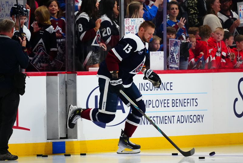 Feb 28, 2026; Denver, Colorado, USA; Colorado Avalanche right wing Valeri Nichushkin (13) before the game against the Chicago Blackhawks at Ball Arena. Mandatory Credit: Ron Chenoy-Imagn Images Feb 28, 2026; Denver, Colorado, USA; Colorado Avalanche right wing Valeri Nichushkin (13) before the game against the Chicago Blackhawks at Ball Arena. Mandatory Credit: Ron Chenoy-Imagn Images