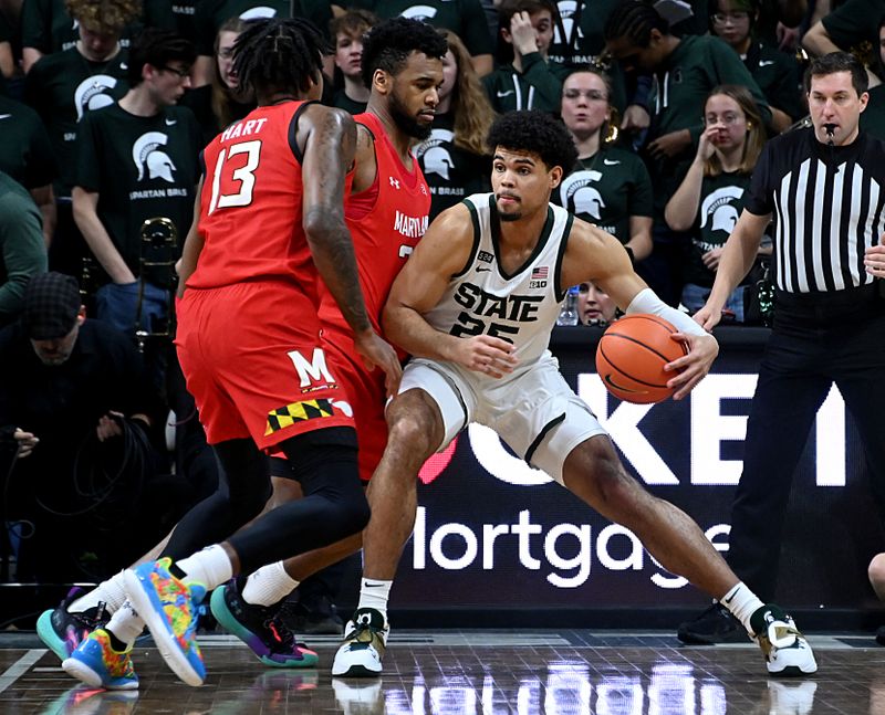 Feb 7, 2023; East Lansing, Michigan, USA; Michigan State Spartans forward Malik Hall (25) moves on the baseline against the Maryland Terrapins defense in the first half at Jack Breslin Student Events Center. Mandatory Credit: Dale Young-USA TODAY Sports