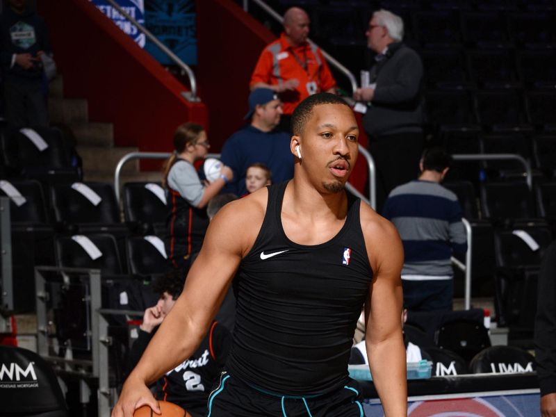 DETROIT, MI - MARCH 11:  Grant Williams #2 of the Charlotte Hornets warms up before the game against the Detroit Pistons on March 11, 2024 at Little Caesars Arena in Detroit, Michigan. NOTE TO USER: User expressly acknowledges and agrees that, by downloading and/or using this photograph, User is consenting to the terms and conditions of the Getty Images License Agreement. Mandatory Copyright Notice: Copyright 2024 NBAE (Photo by Chris Schwegler/NBAE via Getty Images)