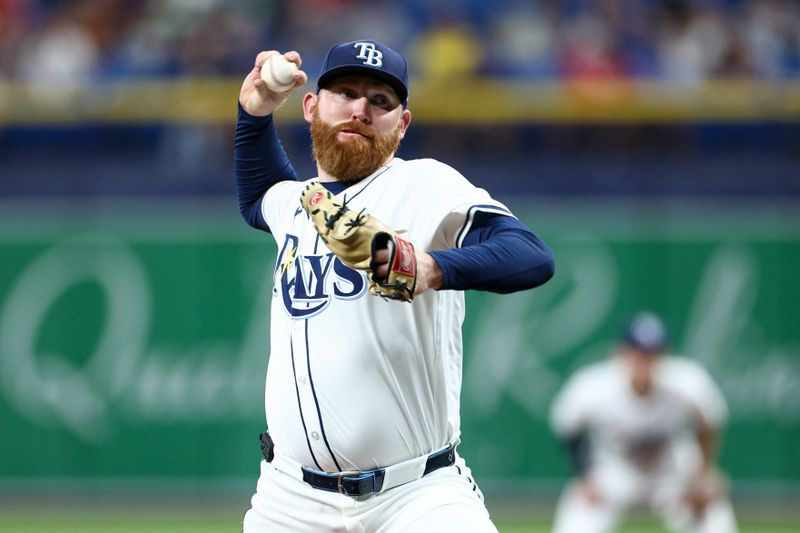 Sep 19, 2024; St. Petersburg, Florida, USA; Tampa Bay Rays pitcher Zack Littell (52) throws a pitch against the Boston Red Sox in the third inning at Tropicana Field. Mandatory Credit: Nathan Ray Seebeck-Imagn Images