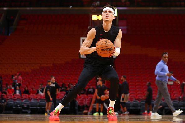 MIAMI, FLORIDA - NOVEMBER 01: Tyler Herro #14 of the Miami Heat warms up prior to a game against the Brooklyn Nets at Kaseya Center on November 01, 2023 in Miami, Florida. NOTE TO USER: User expressly acknowledges and agrees that, by downloading and or using this photograph, User is consenting to the terms and conditions of the Getty Images License Agreement. (Photo by Megan Briggs/Getty Images)