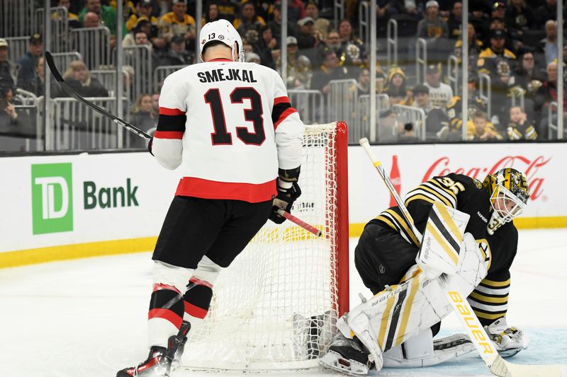 Apr 16, 2024; Boston, Massachusetts, USA;  Ottawa Senators left wing Jiri Smejkal (13) looks behind Boston Bruins goaltender Linus Ullmark (35) as the puck crosses the goalie for a goal during the second period at TD Garden. Mandatory Credit: Bob DeChiara-USA TODAY Sports