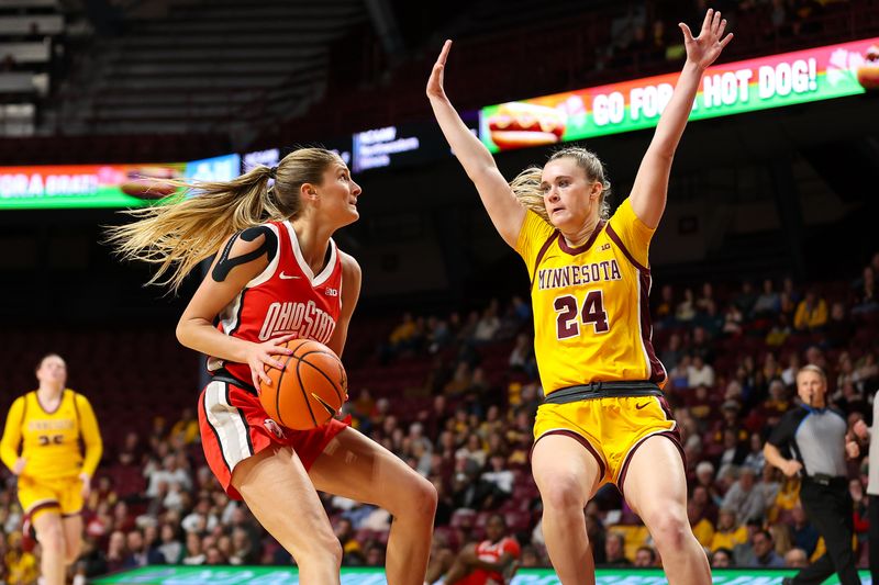 Feb 8, 2024; Minneapolis, Minnesota, USA; Ohio State Buckeyes guard Jacy Sheldon (4) looks to shoot as Minnesota Golden Gophers forward Mallory Heyer (24) defends during the second half at Williams Arena. Mandatory Credit: Matt Krohn-USA TODAY Sports