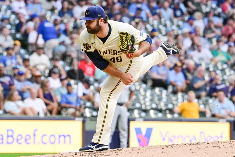 Jun 25, 2024; Milwaukee, Wisconsin, USA; Milwaukee Brewers relief pitcher Bryse Wilson (46) pitches against the Texas Rangers in the third inning at American Family Field. Mandatory Credit: Benny Sieu-USA TODAY Sports