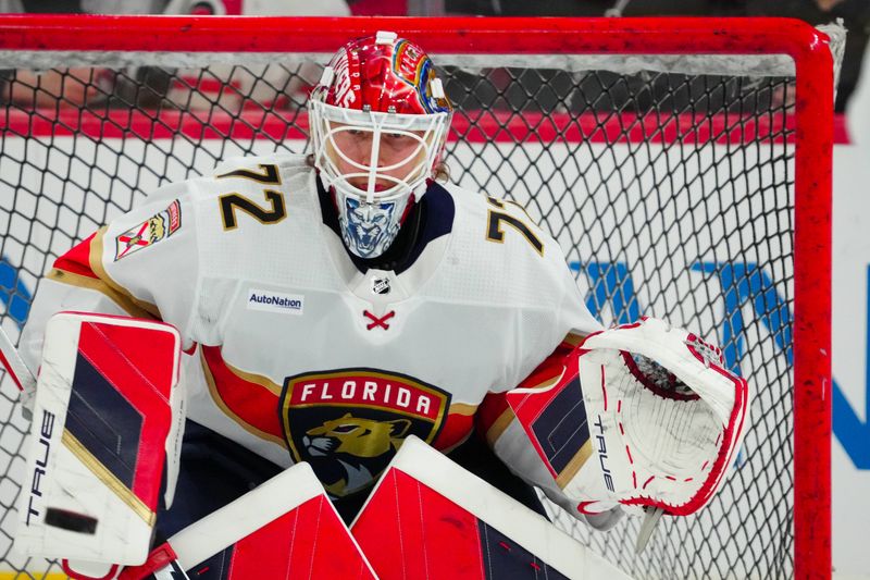 Mar 14, 2024; Raleigh, North Carolina, USA; Florida Panthers goaltender Sergei Bobrovsky (72) watched the shot during g the warmups before the game against the Carolina Hurricanes at PNC Arena. Mandatory Credit: James Guillory-USA TODAY Sports