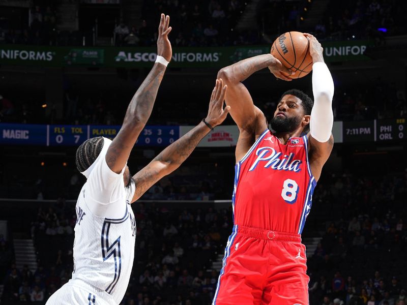 PHILADELPHIA, PA - DECEMBER 6: Paul George #8 of the Philadelphia 76ers shoots the ball during the game against the Orlando Magic on December 6, 2024 at the Wells Fargo Center in Philadelphia, Pennsylvania NOTE TO USER: User expressly acknowledges and agrees that, by downloading and/or using this Photograph, user is consenting to the terms and conditions of the Getty Images License Agreement. Mandatory Copyright Notice: Copyright 2024 NBAE (Photo by Jesse D. Garrabrant/NBAE via Getty Images)