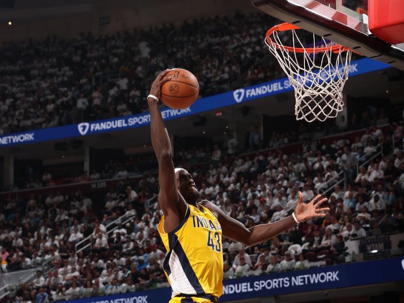 CLEVELAND, OH - MAY 6:  Pascal Siakam #43 of the Indiana Pacers drives to the basket during the game against the Cleveland Cavaliers during Round 2 Game 2 of the 2025 NBA Playoffs on May 6, 2025 at Rocket Arena in Cleveland, Ohio. NOTE TO USER: User expressly acknowledges and agrees that, by downloading and/or using this Photograph, user is consenting to the terms and conditions of the Getty Images License Agreement. Mandatory Copyright Notice: Copyright 2025 NBAE (Photo by Joe Murphy/NBAE via Getty Images)