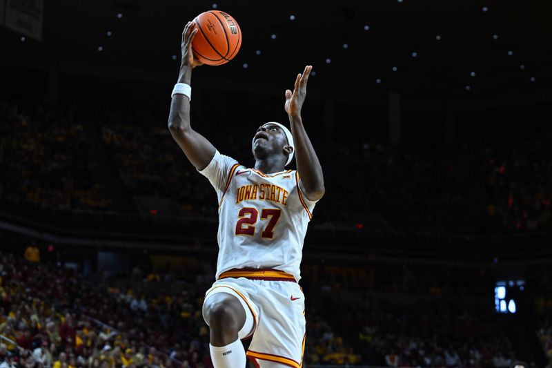 Mar 7, 2026; Ames, Iowa, USA; Iowa State Cyclones guard Killyan Toure (27) goes to the basket against the Arizona State Sun Devils during the first half at James H. Hilton Coliseum. Mandatory Credit: Jeffrey Becker-Imagn Images