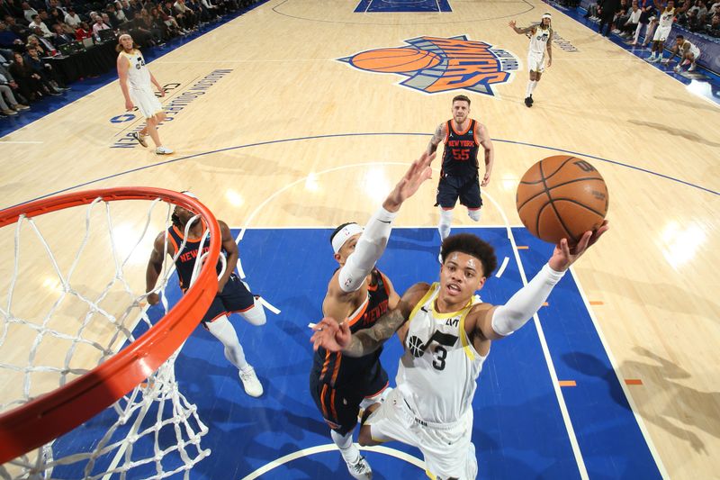 NEW YORK, NY - JANUARY 30: Keyonte George #3 of the Utah Jazz drives to the basket during the game against the New York Knicks on January 30, 2024 at Madison Square Garden in New York City, New York.  NOTE TO USER: User expressly acknowledges and agrees that, by downloading and or using this photograph, User is consenting to the terms and conditions of the Getty Images License Agreement. Mandatory Copyright Notice: Copyright 2024 NBAE  (Photo by Nathaniel S. Butler/NBAE via Getty Images)