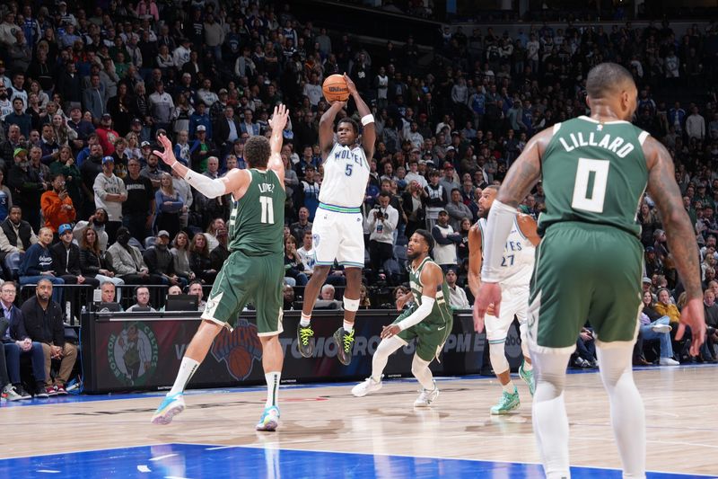 MINNEAPOLIS, MN -  FEBRUARY 23: Anthony Edwards #5 of the Minnesota Timberwolves shoots the ball during the game against the Milwaukee Bucks on February 23, 2024 at Target Center in Minneapolis, Minnesota. NOTE TO USER: User expressly acknowledges and agrees that, by downloading and or using this Photograph, user is consenting to the terms and conditions of the Getty Images License Agreement. Mandatory Copyright Notice: Copyright 2024 NBAE (Photo by Jordan Johnson/NBAE via Getty Images)