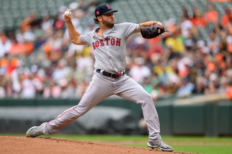 Aug 18, 2024; Baltimore, Maryland, USA; Boston Red Sox pitcher Kutter Crawford (50) throws a pitch during the first inning against the Baltimore Orioles at Oriole Park at Camden Yards. Mandatory Credit: Reggie Hildred-USA TODAY Sports