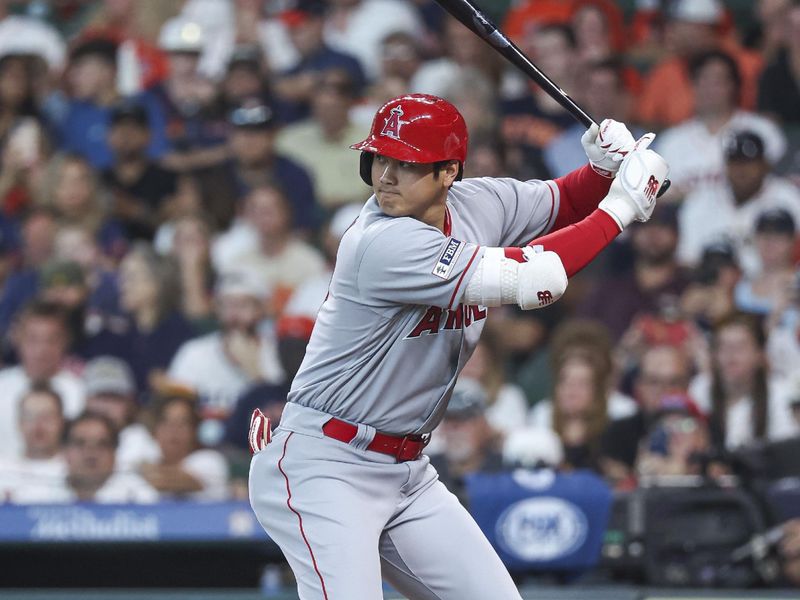 Aug 12, 2023; Houston, Texas, USA; Los Angeles Angels designated hitter Shohei Ohtani (17) bats during the fourth inning against the Houston Astros at Minute Maid Park. Mandatory Credit: Troy Taormina-USA TODAY Sports