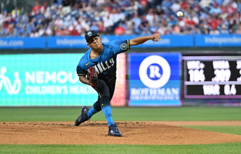 Jul 12, 2024; Philadelphia, Pennsylvania, USA; Philadelphia Phillies starting pitcher Ranger Suarez (55) throws a pitch against the Oakland Athletics in the first inning at Citizens Bank Park. Mandatory Credit: Kyle Ross-USA TODAY Sports