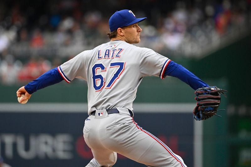 uJun 8, 2025; Washington, District of Columbia, USA; Texas Rangers relief pitcher Jacob Latz (67) throws to the Washington Nationals during the first inning at Nationals Park. Mandatory Credit: Brad Mills-Imagn Images