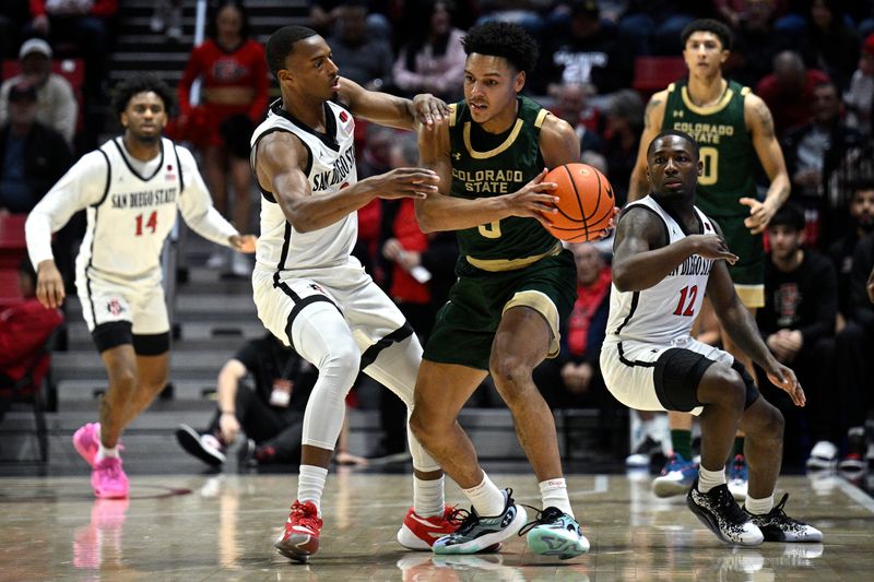 Feb 13, 2024; San Diego, California, USA; San Diego State Aztecs guard Micah Parrish (3) pressures Colorado State Rams guard Josiah Strong (3) during the first half at Viejas Arena. Mandatory Credit: Orlando Ramirez-USA TODAY Sports