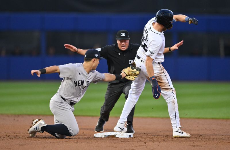 Aug 18, 2024; Williamsport, Pennsylvania, USA; Detroit Tigers outfielder Parker Meadows (22) steals second base against New York Yankees infielder Anthony Volpe (11) in the third inning at BB&T Ballpark at Historic Bowman Field. Mandatory Credit: Kyle Ross-USA TODAY Sports