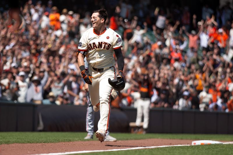 Jul 14, 2024; San Francisco, California, USA; San Francisco Giants right fielder Mike Yastrzemski (5) reacts after the relay from Minnesota Twins second baseman Brooks Lee went out of play, allowing the winning run to score during the ninth inning at Oracle Park. Mandatory Credit: D. Ross Cameron-USA TODAY Sports