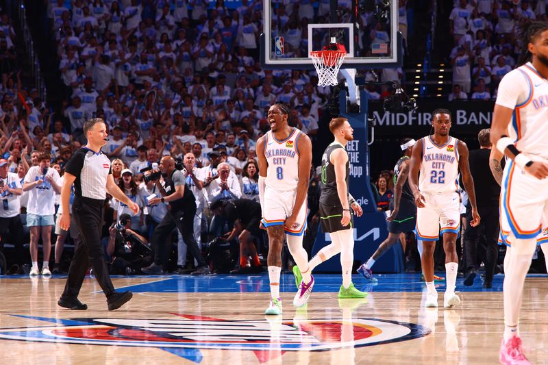 OKLAHOMA CITY, OK - MAY 20: Jalen Williams #8 of the Oklahoma City Thunder celebrates during the game against the Minnesota Timberwolves during Game 1 of the 2025 Western Conference Finals on May 20, 2025 at Paycom Center in Oklahoma City, Oklahoma. NOTE TO USER: User expressly acknowledges and agrees that, by downloading and or using this photograph, User is consenting to the terms and conditions of the Getty Images License Agreement. Mandatory Copyright Notice: Copyright 2025 NBAE (Photo by Zach Beeker/NBAE via Getty Images)