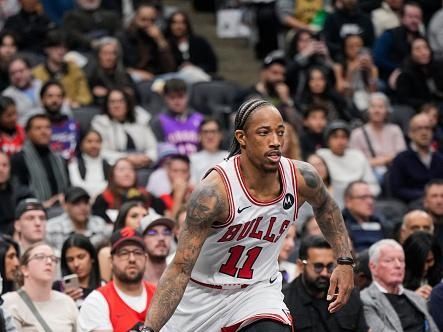 TORONTO, ON - NOVEMBER 24: DeMar DeRozan #11 of the Chicago Bulls dribbles against the Toronto Raptors during the second half of their NBA In-Season Tournament game at the Scotiabank Arena on November 24, 2023 in Toronto, Ontario, Canada. NOTE TO USER: User expressly acknowledges and agrees that, by downloading and/or using this Photograph, user is consenting to the terms and conditions of the Getty Images License Agreement. (Photo by Mark Blinch/Getty Images)