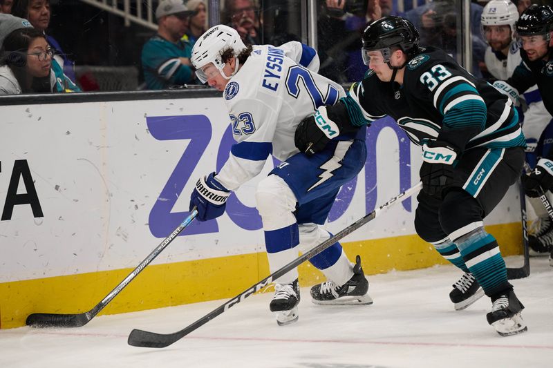 Mar 21, 2024; San Jose, California, USA; Tampa Bay Lightning center Michael Eyssimont (23) plays the puck against San Jose Sharks defenseman Calen Addison (33) during the first period at SAP Center at San Jose. Mandatory Credit: Robert Edwards-USA TODAY Sports