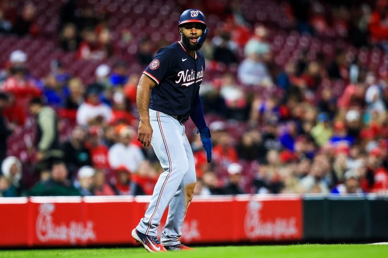 May 3, 2025; Cincinnati, Ohio, USA; Washington Nationals third baseman Amed Rosario (13) leads off from third in the ninth inning against the Cincinnati Reds at Great American Ball Park. Mandatory Credit: Katie Stratman-Imagn Images