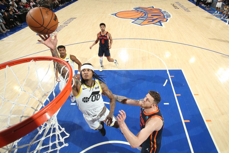 NEW YORK, NY - JANUARY 30: Jordan Clarkson #00 of the Utah Jazz shoots the ball during the game against the New York Knicks on January 30, 2024 at Madison Square Garden in New York City, New York.  NOTE TO USER: User expressly acknowledges and agrees that, by downloading and or using this photograph, User is consenting to the terms and conditions of the Getty Images License Agreement. Mandatory Copyright Notice: Copyright 2024 NBAE  (Photo by Nathaniel S. Butler/NBAE via Getty Images)