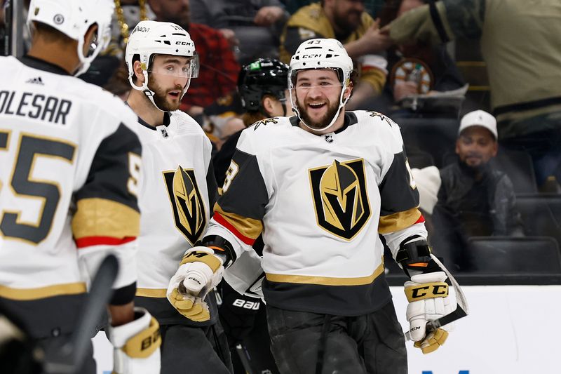 Feb 29, 2024; Boston, Massachusetts, USA; Vegas Golden Knights center Paul Cotter (43) smiles at teammates after scoring against the Boston Bruins during the seond period at TD Garden. Mandatory Credit: Winslow Townson-USA TODAY Sports