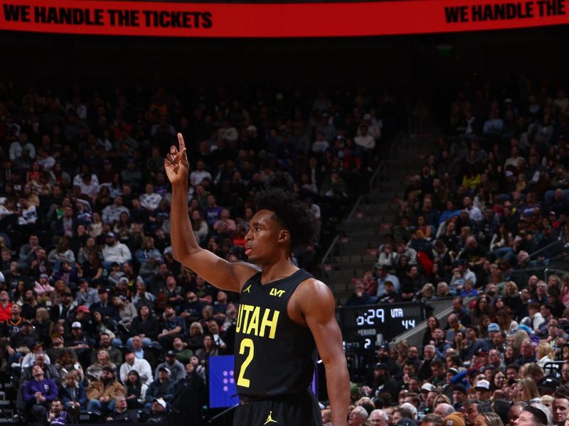 SALT LAKE CITY, UT - JANUARY 12: Colin Sexton #2 of the Utah Jazz stands on the court during the game against the Toronto Raptors on January 12, 2024 at Delta Center in Salt Lake City, Utah. NOTE TO USER: User expressly acknowledges and agrees that, by downloading and or using this Photograph, User is consenting to the terms and conditions of the Getty Images License Agreement. Mandatory Copyright Notice: Copyright 2024 NBAE (Photo by Melissa Majchrzak/NBAE via Getty Images)