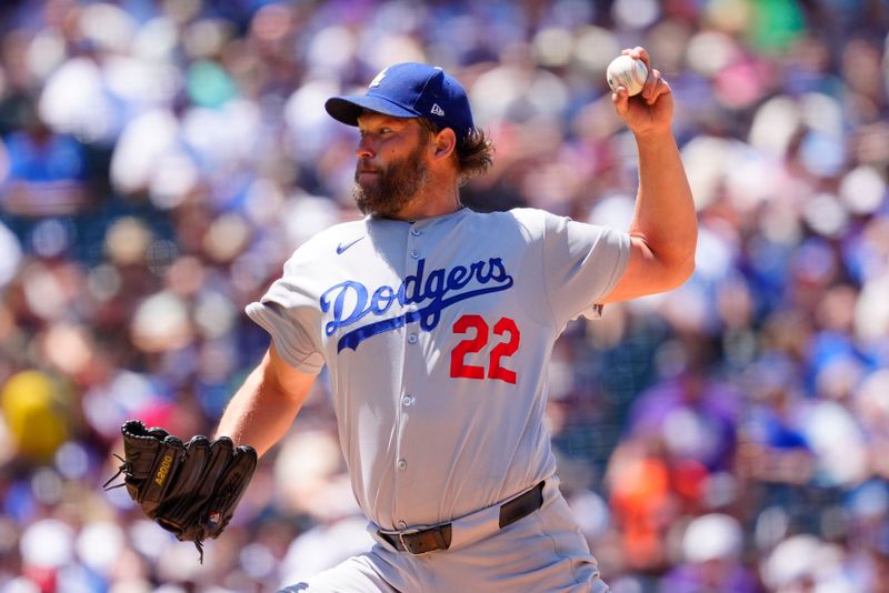 Jun 26, 2025; Denver, Colorado, USA;  Los Angeles Dodgers starting pitcher Clayton Kershaw (22) delivers a pitch in the sixth inning against the Colorado Rockies at Coors Field. Mandatory Credit: Ron Chenoy-Imagn Images