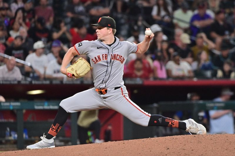 Jun 4, 2024; Phoenix, Arizona, USA;  San Francisco Giants pitcher Kyle Harrison (45) throws in the sixth inning against the Arizona Diamondbacks at Chase Field. Mandatory Credit: Matt Kartozian-USA TODAY Sports