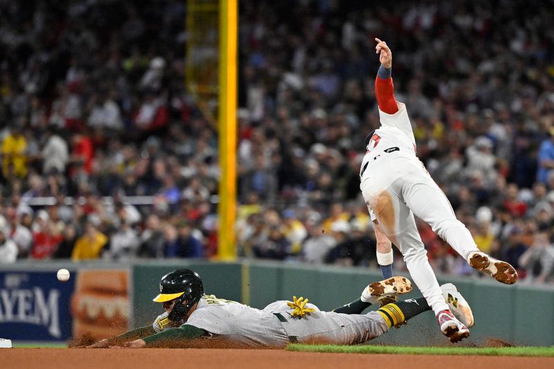 Sep 17, 2025; Boston, Massachusetts, USA; Athletics third baseman Brett Harris (11) steals second base against Boston Red Sox shortstop Trevor Story (10) during the fourth inning at Fenway Park. Mandatory Credit: Eric Canha-Imagn Images