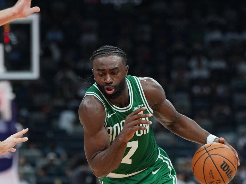 ABU DHABI, UAE - OCTOBER 6: Jaylen Brown #7 of the Boston Celtics dribbles the ball during the game against the Denver Nuggets during the 2024 Global Games on October 6, 2024 at the Etihad Arena in Abu Dhabi, United Arab Emirates. NOTE TO USER: User expressly acknowledges and agrees that, by downloading and/or using this Photograph, user is consenting to the terms and conditions of the Getty Images License Agreement. Mandatory Copyright Notice: Copyright 2024 NBAE (Photo by Garrett Ellwood/NBAE via Getty Images)