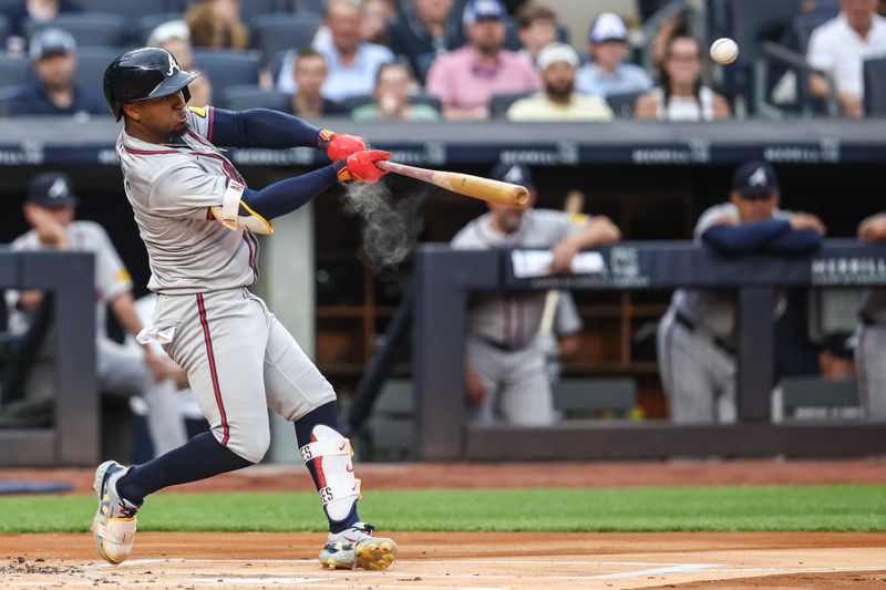 Jun 21, 2024; Bronx, New York, USA; Atlanta Braves second baseman Ozzie Albies (1) hits a two run home run in the first inning against the New York Yankees at Yankee Stadium. Mandatory Credit: Wendell Cruz-USA TODAY Sports