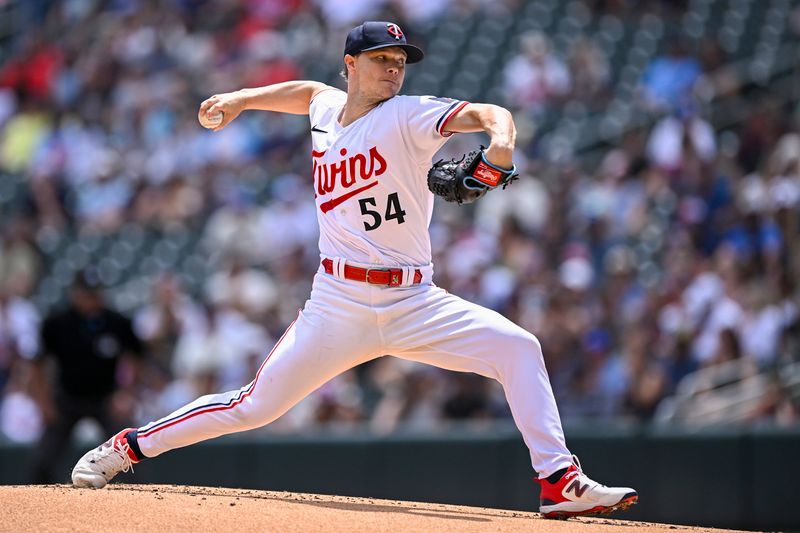 Jul 8, 2023; Minneapolis, Minnesota, USA;  Minnesota Twins pitcher Sonny Gray (54) delivers a pitch against the Baltimore Orioles during the first inning at Target Field. Mandatory Credit: Nick Wosika-USA TODAY Sports