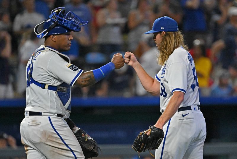 Jul 29, 2023; Kansas City, Missouri, USA;  Kansas City Royals relief pitcher Scott Barlow (58) celebrates with catcher Salvador Perez (13) after beating the Minnesota Twins at Kauffman Stadium. Mandatory Credit: Peter Aiken-USA TODAY Sports