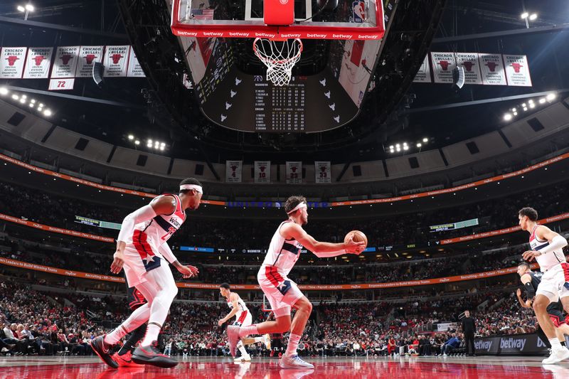 CHICAGO, IL - MARCH 25: Corey Kispert #24 of the Washington Wizards grabs a rebound during the game against the Chicago Bulls on March 25, 2024 at United Center in Chicago, Illinois. NOTE TO USER: User expressly acknowledges and agrees that, by downloading and or using this photograph, User is consenting to the terms and conditions of the Getty Images License Agreement. Mandatory Copyright Notice: Copyright 2024 NBAE (Photo by Jeff Haynes/NBAE via Getty Images)