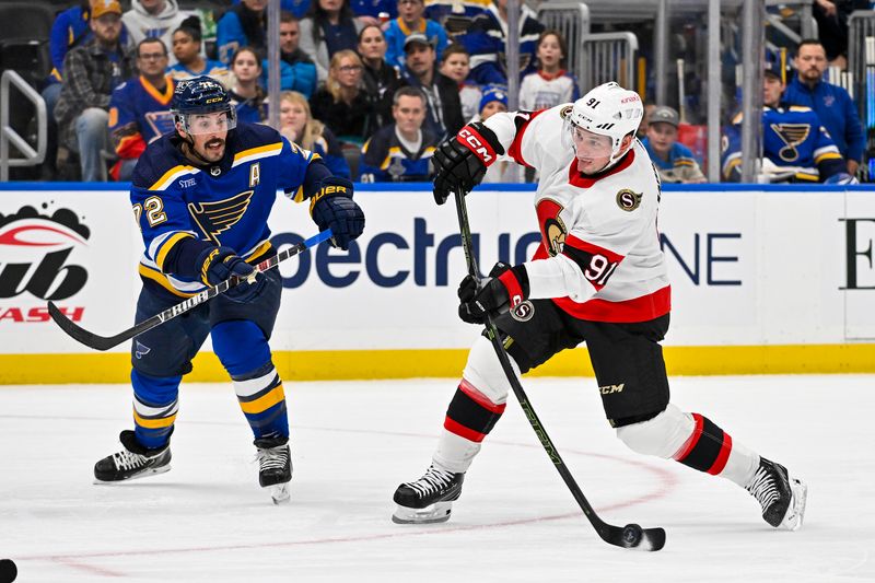 Dec 14, 2023; St. Louis, Missouri, USA;  Ottawa Senators right wing Vladimir Tarasenko (91) shoots against the St. Louis Blues during the first period at Enterprise Center. Mandatory Credit: Jeff Curry-USA TODAY Sports